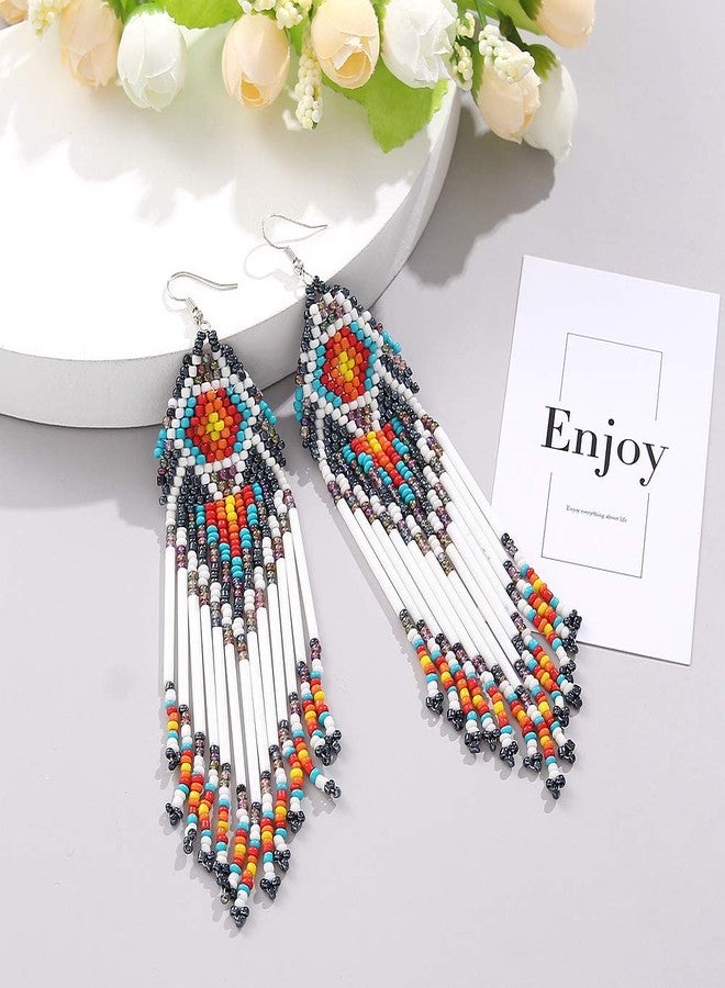 Coeufuedy White Beaded Earrings for Women Seed Bead Earrings Bohemian Statement Drop Fringe Earring for Girls(White) - Image 3